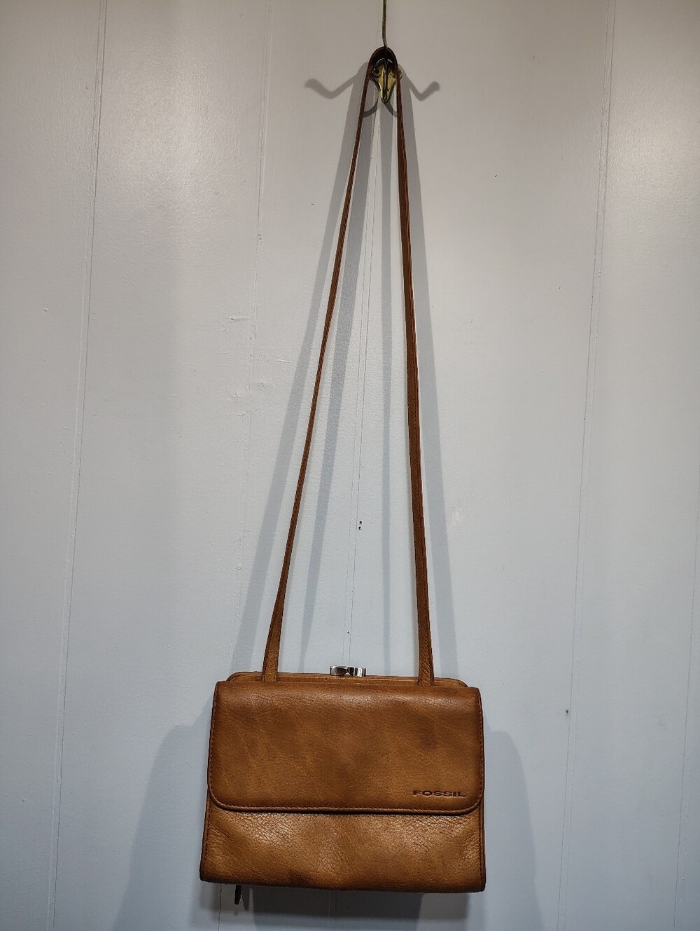 Fossil Tan Leather Crossbody Organizer Wallet Kisslock All In One Vintage - Picture 6 of 7